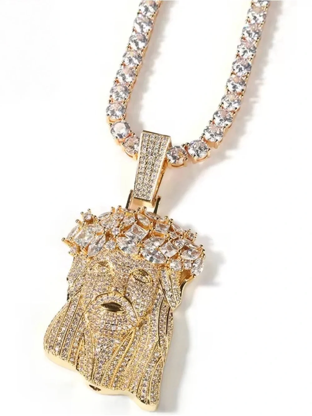 Gold &  Jesus Head Pendant Necklace with tennis chain 20inch